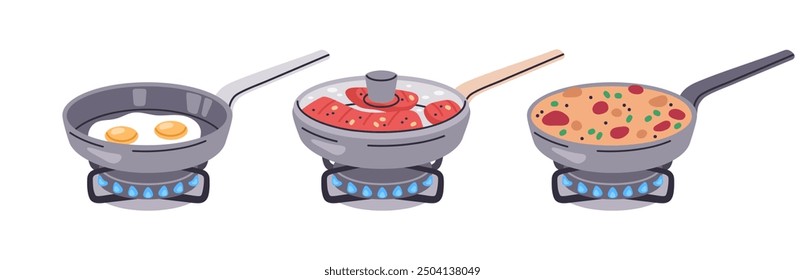 Sartén con platos. Carne, huevos y estofado de verduras en sartenes, cocina el desayuno de la mañana y la cena en un set de Ilustración vectorial plana de sartén antiadherente. Preparación de alimentos