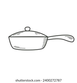 Frying pan doodle sketch style. Hand drawn kitchen utensils clip art. Simple ink homemade frying pan, isolated vector illustration