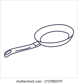 Frying pan in doodle style. Hand drawn vector illustration in black ink isolated on white background. 