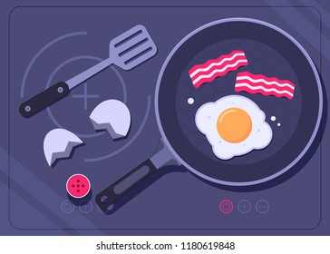 Frying pan with egg and bacon on a cooking stove. Breakfast concept. Vector illustration