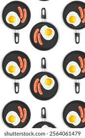 frying pan with egg and sausages vector flat illustration on white isolated background. pattern