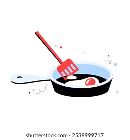 Frying Pan With Egg And Spatula In Flat Vector Illustration Symbolizing Breakfast Cooking, Isolated On White Background.