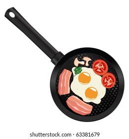 Frying pan with eggs and bacon over white background. Breakfast for two.