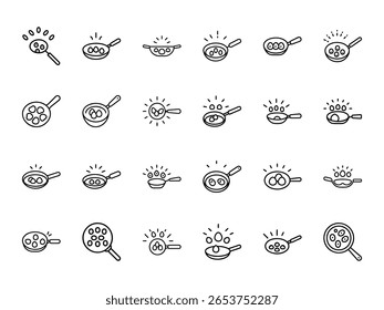 Frying Pan with Eggs Line Art Icon Set with Glowing Effect: A Collection of Cooking and Breakfast