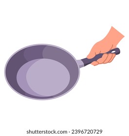 Pan de fritura.Una sartén vacía en la mano.Mano sosteniendo una sartén.Aislada sobre fondo blanco.Ilustración vectorial plana.Utensilios de cocina para cocinar.