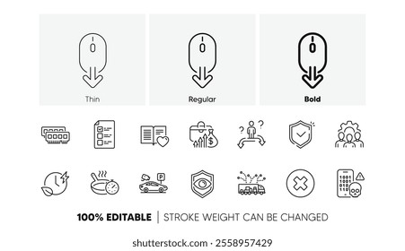 Frying pan, Eye detect and Team work line icons. Pack of Cyber attack, Business choice, Scroll down icon. Close button, Love book, Charging time pictogram. Shield, Voting ballot. Line icons. Vector