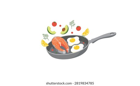 Frying pan filled with salmon steak and fried eggs accompanied by floating avocado and lemon.