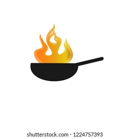 Frying pan with fire flame logo. Cooking iron pan sign.