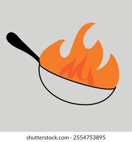 Frying pan with fire minimal design for restaurant menu. vector illustration