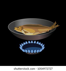 Frying pan with fish on gas burner. Vector illustration isolated on black background