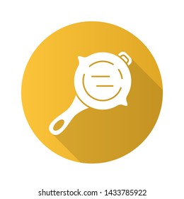 Frying pan flat design long shadow glyph icon. Virtual video game stainless steel kitchenware. Food preparation, cooking inventory. Computer game player tool. Cookware. Vector silhouette illustration