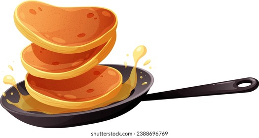 Pan de fritura con crepes voladores y aceite sobre fondo transparente. Ilustración vectorial para el Día del Panqueque y el desayuno al estilo de las caricaturas