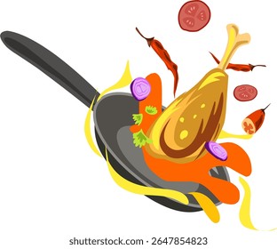 Frying pan with flying vegetables and sauce and gravy and chicken depicting cooking vector flat illustration for restaurants .