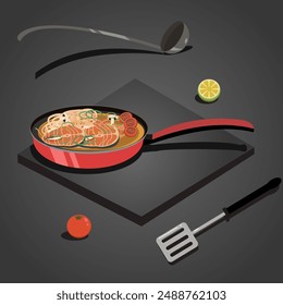 Frying pan food isometry illustration