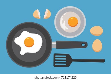 Frying pan with fried egg and equipment for cooking, Icon flat design on blue background, Vector illustration