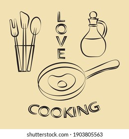 Frying pan with fried egg, kitchen spatulas and a oil jar, line drawing, vector illustration.