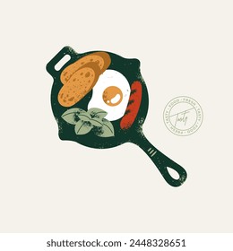 Frying pan with fried egg and sausage with bread. Breakfast illustration. Vector illustration