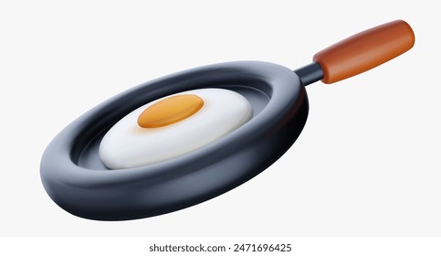 Frying pan with fried eggs in bright 3d cartoon style. Realistic breakfast cute food. Minimal vector illustration isolated on white background.