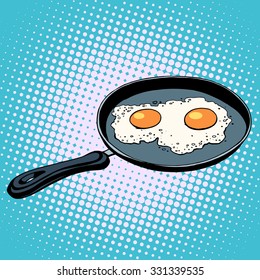 Frying pan with fried eggs finished dish pop art retro style