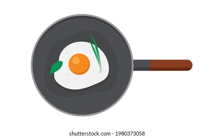 Frying pan with fried eggs and herbs. Flat vector illustration isolated on white background.