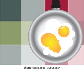 Frying pan with fried eggs on the background of the kitchen towel. Vector illustration.