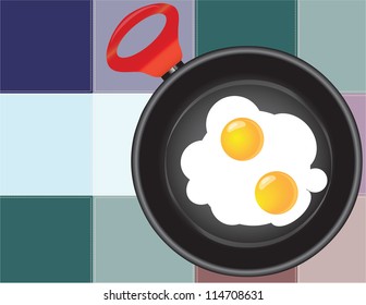 Frying pan with fried eggs on the background of the kitchen towel. Vector illustration.