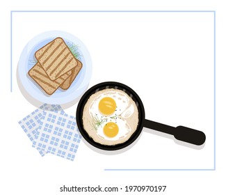 Frying pan with fried eggs and a plate of fresh toast. Vector illustration in flat style. Copy space.