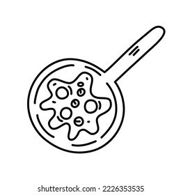 Frying Pan with Fried Eggs and Sausages in Cartoon Doodle Style. Graphic Sketch of Breakfast Food. Vector Icon, Print, Logo Isolated on a White Background.