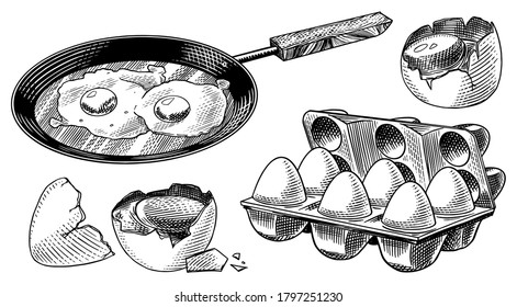 Frying pan with fried eggs and scrambled omelette, Shell and packaging. Farm product. Engraved hand drawn vintage sketch. Woodcut style. Vector illustration for menu or poster.