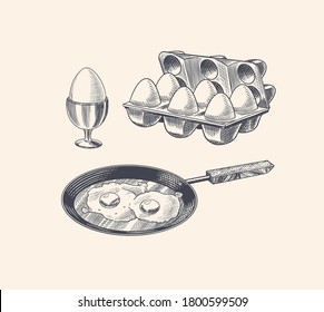 Frying pan with fried eggs and scrambled omelette, Shell and packaging. Farm product. Engraved hand drawn vintage sketch. Woodcut style. Vector illustration for menu or poster.