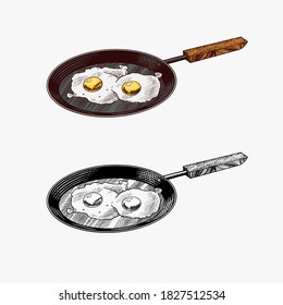 Bratpfanne mit gebratenen Eiern und gegrilltem Omelett. Agrarerzeugnis. Die handgezeichnete Vintage-Skizze wird graviert. Holzschnitt-Stil. Vektorgrafik für Menü oder Poster.