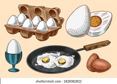 Frying pan with fried eggs and scrambled omelette, Shell and yolk. Farm product. Engraved hand drawn vintage sketch. Woodcut style. Vector illustration for menu or poster.