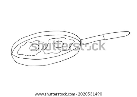 Frying pan with fried eggs. Scrambled eggs. Breakfast. Food. Broken egg. Vector. Doodle. Hand-drawn illustration. Silhouette. Black and white outline. Coloring.