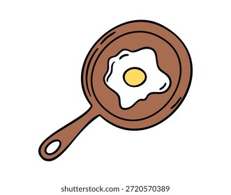 Frigideira com ovos fritos vista superior, estilo de rabiscar acolhedor desenhado à mão. Ilustração vetorial.