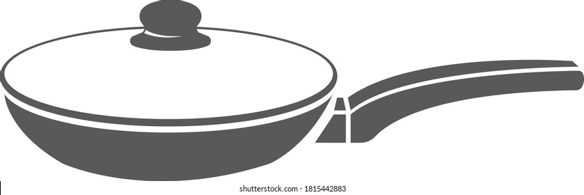 Frying pan with glass lid on a white background. Vector black and white illustration. Great for labels, menus, posters, banners, vouchers, coupons, business promotion and more.