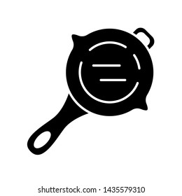 Frying pan glyph icon. Virtual video game stainless steel kitchenware. Food cooking inventory. Computer game player tool. Cookware. Silhouette symbol. Negative space. Vector isolated illustration