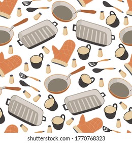 Frying pan for grilling, protective textile glove, cup and skillet seamless pattern of cookware. Saltshaker with spatula and spoon, culinary instruments for food preparation. Saucepan vector in flat