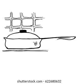 Frying pan. Hand drawn sketch vector illustration on white background. Black & white.