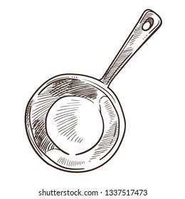 Frying pan with handle for cooking meal monochrome sketch outline vector isolated icon in flat style metallic object for food preparation in kitchen design of kitchenware and utensils logotype