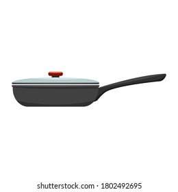 Frying pan with handle and cover. From side view. Flat and solid color vector illustration.