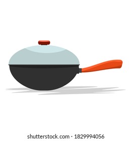 Frying pan with handle and cover. From side view. Flat and solid color vector illustration.