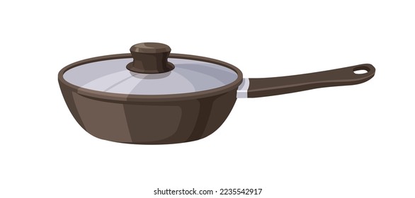 Frying pan with handle and glass lid. Cast iron frypan for cooking. Titanium skillet closed with cover, cap. Kitchen appliance, kitchenware. Flat vector illustration isolated on white background.