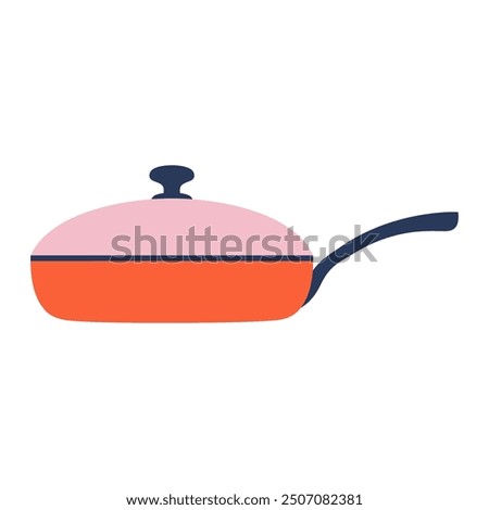 frying pan with handle and glass lid, cast iron frypan for cooking closed with cover cap, kitchen appliance, kitchenware, flat vector illustration isolated on white background
