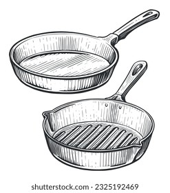 Frying Pan with handle. Hand drawn sketch vector illustration in vintage engraving style