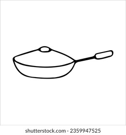 Frying pan with handle and lid. Vector black and white hand-drawn illustration. Silhouette, icon, logo, sketch, template, doodles.