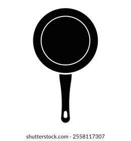 Frying pan with handle vector icon. Kitchen utensil for cooking. Black silhouette isolated on white background.