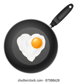 Frying pan with heart-shaped fried egg. Illustration on white background