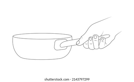 Frying pan hold in hand sketch illustration.