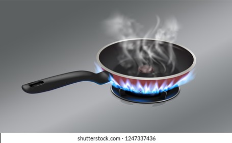 The frying pan is so hot that smoke in the pan. Located on a gas stove.
Vector realistic file.