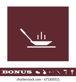 Frying pan icon flat. White pictogram on brown background. Vector illustration symbol and bonus icons